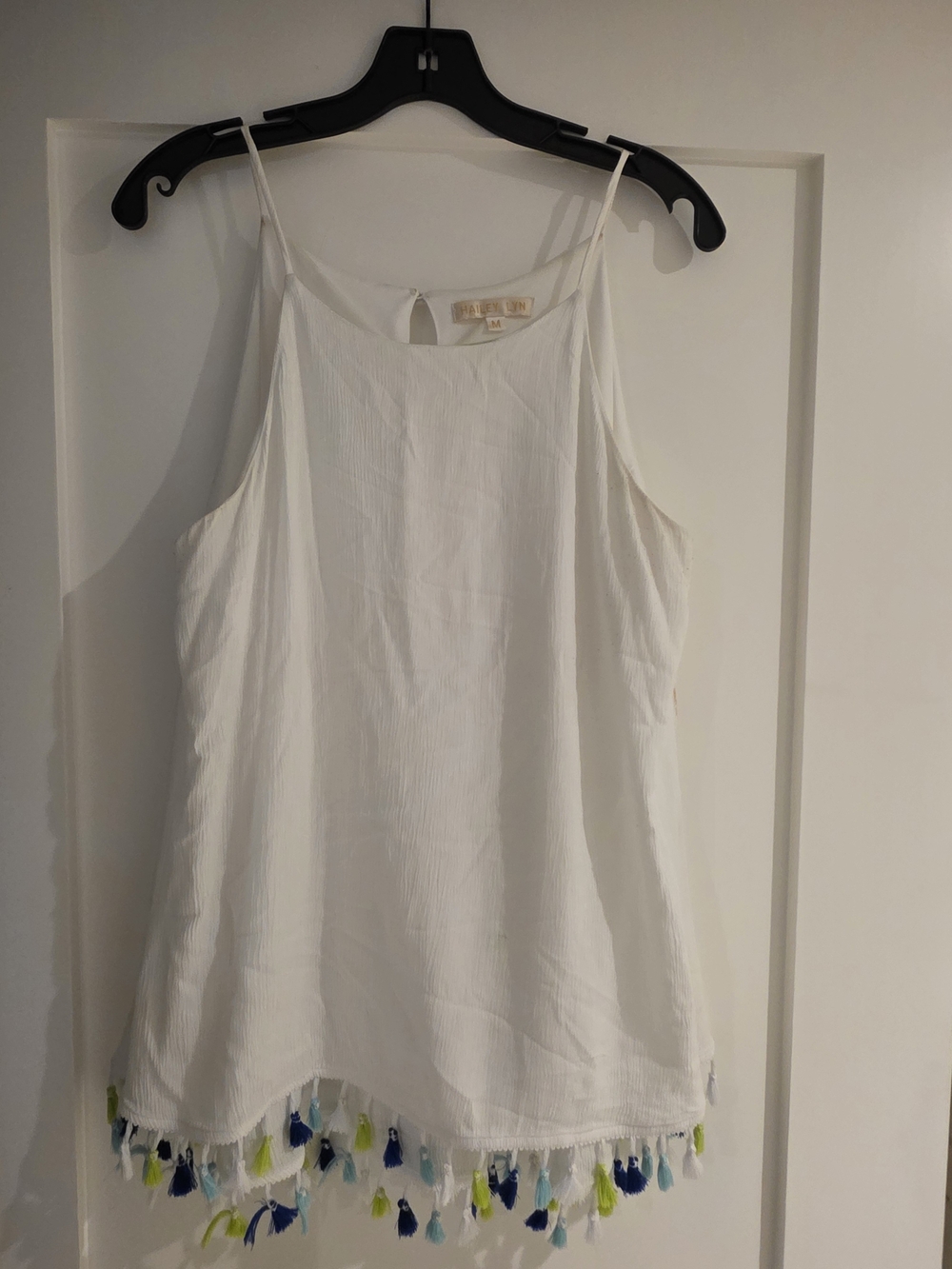 Women’s Hailey Lyn White Tassel-Hem Tank Top